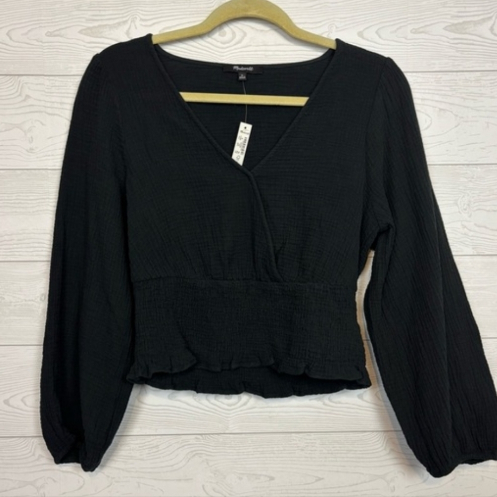 NWT Madewell Lightspun Julianne Smocked-Waist Top - Black - S - Picture 2 of 5